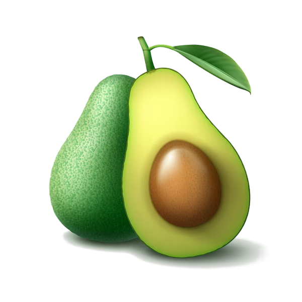 Illustration of an avocado cut in half, showing the seed at its centre