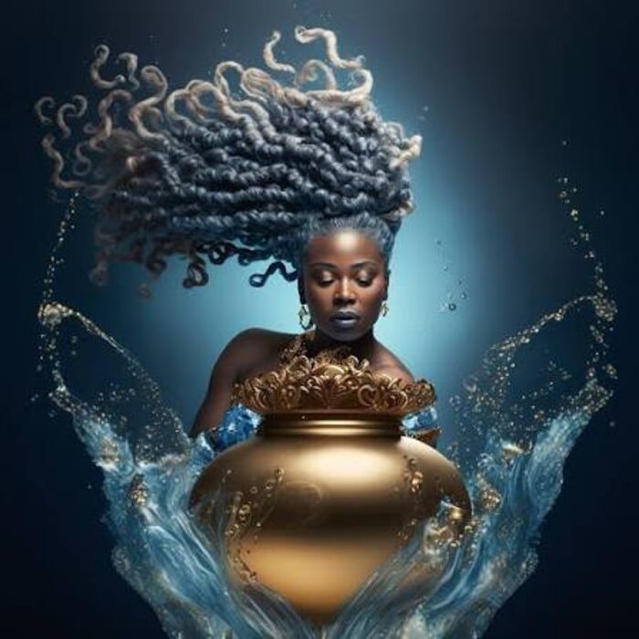A goddess holding a golden vessel, haloed in gold