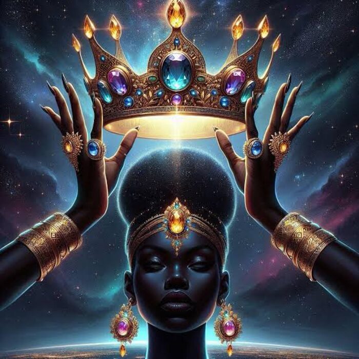 A cosmic queen crowned in light, water at her feet