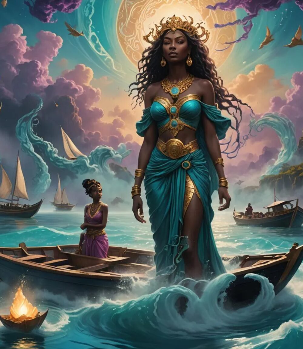 A crowned figure of the sea, rendered in turquoise and gold
